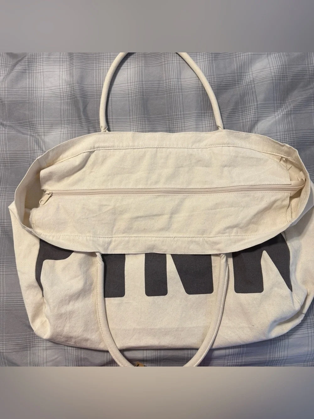 PINK Victoria's Secret Cream Canvas Tote with Black Logo